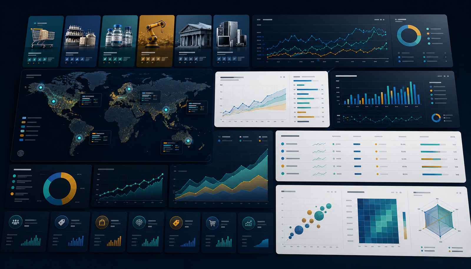 Market intelligence platform showing category report data visualization, retail performance dashboards and cross-industry analytics